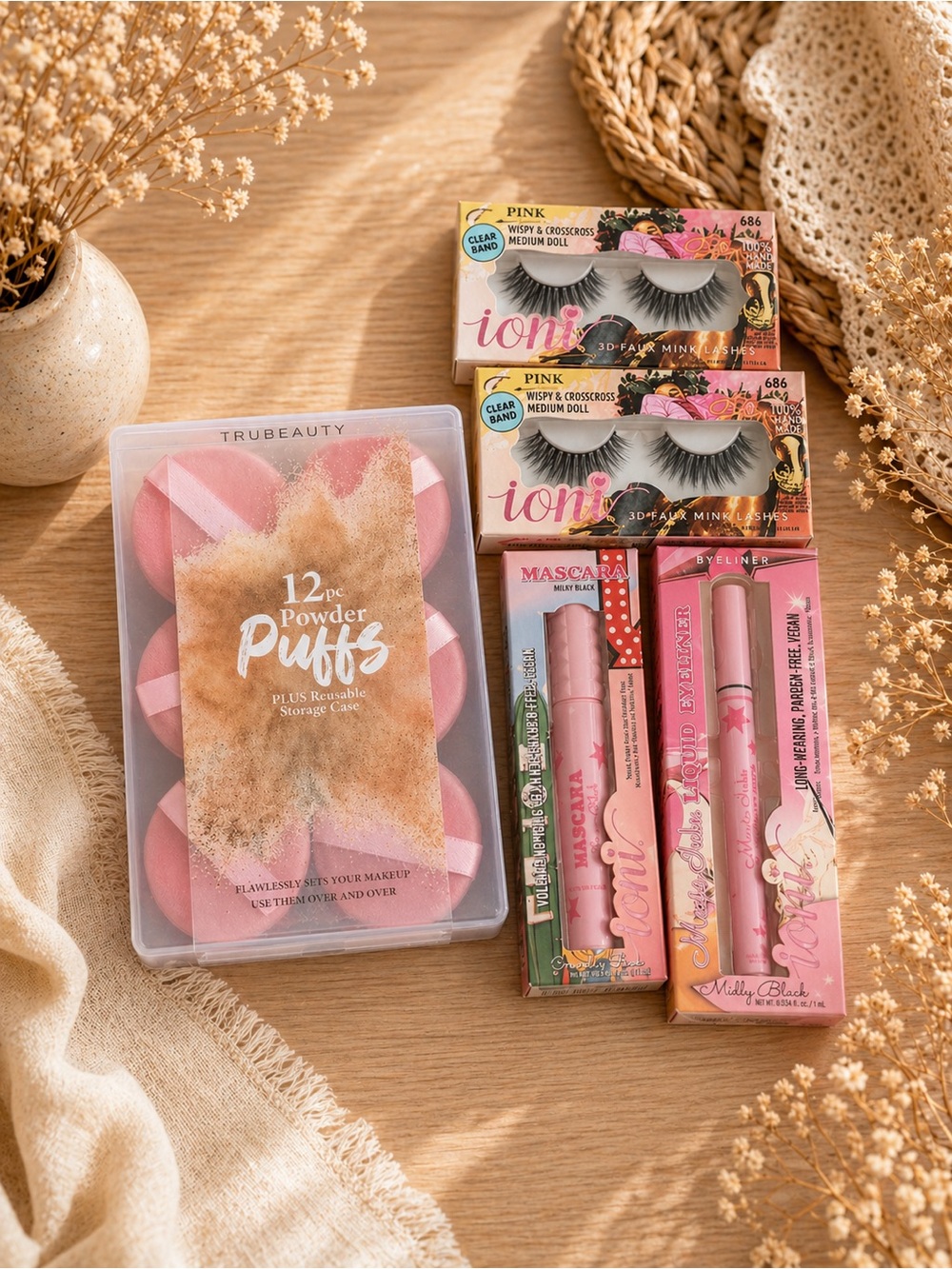 Ioni Lashes + Pink Makeup Set with Powder Puffs